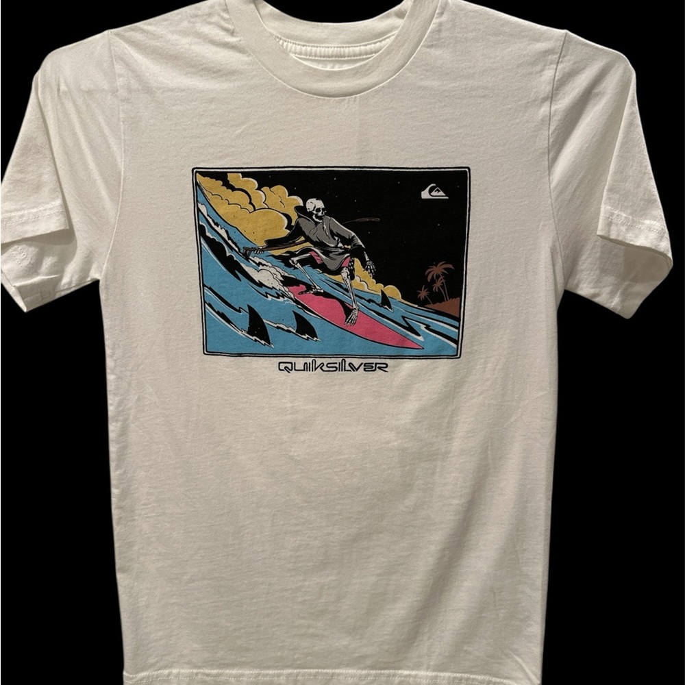 QUIKSILVER White Graphic Youth T-Shirt, Size Medium (12))